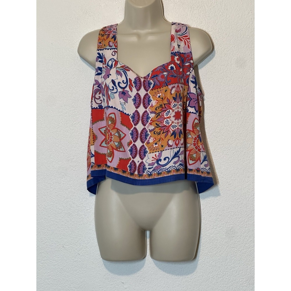 Rose‎ + Olive Resort Womens L Crop Boxy Sleeveless Colorful Floral Boho Travel